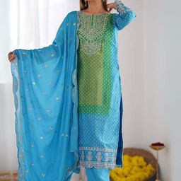 NIZA FASHION Bandhani Printed Sequinned Round Neck Kurta With Trousers & Dupatta-11