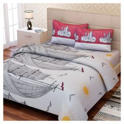 SEJ By Nisha Gupta Cotton King Bedsheet with Pillow Covers Set Abstract Print - Red White-image-59