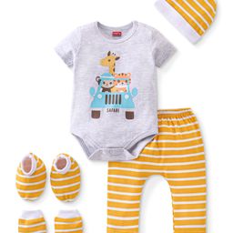 Babyhug 100% Cotton Knit Half Sleeves Onesie with Diaper Pants Cap Mittens & Booties Giraffe Print - Grey & Yellow-picture-26