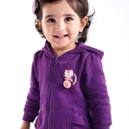 Babyoye Eco Conscious Cotton Full Sleeves Hooded Sweatshirt With Lining & Kitty Print - Purple-image-98