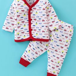 Bodycare Antibacterial Front Open Full Sleeves Thermal Vest with Pajama Cars Print - Off White & Red-image-64