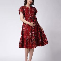 Moms Maternity Half Sleeves Floral Printed Midi Georgette Dress With Nursing Access - Red-image-28