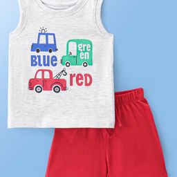 Doodle Poodle 100% Cotton Sleeveless Night Suit With Cars Print - Grey & Red-image-21