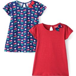 Babyhug Single Jersey Knit Half Sleeves Frocks With Floral Print & Bow Applique Pack Of 2 - Navy & Red-picture-44