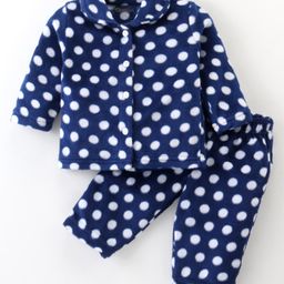 Kanvin Supersoft Extra Warm Velour Full Sleeves Winter Night Suit With Polka Dots Print - Navy Blue-image-53