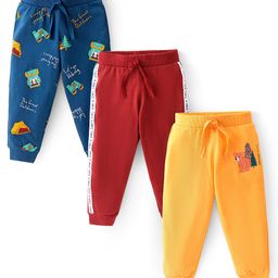 Babyhug Cotton Knit Full Length Lounge Pants with Bear & Forest Theme Print Pack of 3 - Yellow Blue & Maroon-image-50