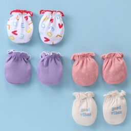 Ben Benny 100% Cotton Knit Pair ofMittenswith Solid Heart & Polka Dots Print Pack of 4 - White Purple & Peach-picture-27
