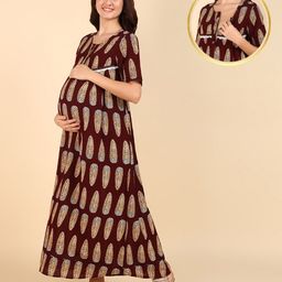 Zelena 100% Cotton Half Sleeves Leaves Printed Zipless Maternity Nighty - Maroon-image-60