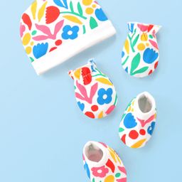 Babyhug 100% Cotton Knit Floral Printed Cap Mittens & Booties Set - Multicolour-picture-24
