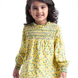 Babyhug Rayon Woven Full Peasant Sleeves Floral Printed Top with Smocking Detailing - Yellow-image-121