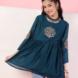 ISHTI Three Fourth Sleeves Floral Embroidered Top - Dark Blue-image-65
