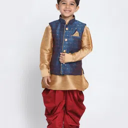 JBN Creation Full Sleeves Solid Kurta & Dhoti With Zari Work Detailed Nehru Jacket Set - Blue & Gold-picture-44