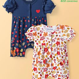 Babyoye Eco Conscious 100% Cotton with Eco Jiva Finish Puffed Sleeves Floral Printed Romper Pack of 2 - Navy Blue & Cream-12