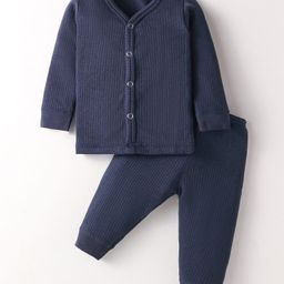 Kanvin Cotton Full Sleeves Solid Color Thermal Vest & Pant Set - Navy Blue-picture-1