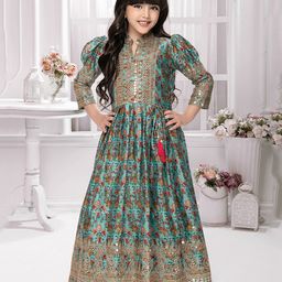 Tiny Kingdom Silk Three Fourth Puffed Sleeves Floral Printed Lace Embellished Ethnic Gown - Blue-image-75