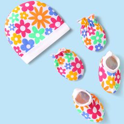 Babyhug 100% Cotton Interlock Knit Cap Mittens & Booties Set With Floral Print White - Diameter 14 cm-10