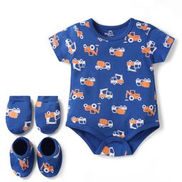 Doodle Poodle 100% Cotton Knit Half Sleeves Vehicle Printed Onesie With Mittens & Booties - Blue-image-72