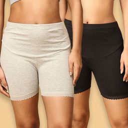 The Mom Store Cotton Pack Of 2 Solid High Waist Maternity Shorts - Grey & Black-picture-22
