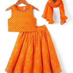 Babyhug Cotton Woven Sleeveless Choli Lehenga and Dupatta Set with Bandhani Print - Orange-image-49