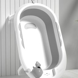 Babyhug Foldable Baby Bath Tub with Drain Plug | Compact Fold and Travel Friendly| Non-slip Base| Smooth Rounded Edges| Shampoo Rinse Cup - Grey-69