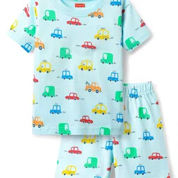 Babyhug Cotton Knit Half Sleeves Co-ords Shorts Night Suit With Vehicle Print - Light Blue-picture-1