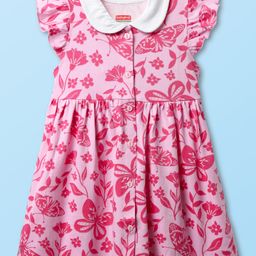 Babyhug Single Jersey Knit Peter Pan Collar Frill Sleeves Frock With Floral Print - Pink-image-69