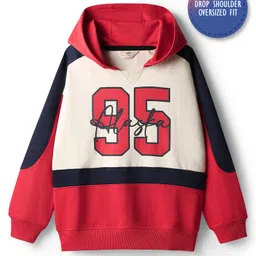Primo Gino 100% Cotton French Terry Full Sleeves Drop Shoulder Colour Block Hooded Sweatshirt with Front & Back Text Print - Multicolor-picture-17