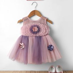 Enfance Sleeveless Flower Applique Dual Colour Knee Length Dress With Headband & Booties - Onion Pink-image-19