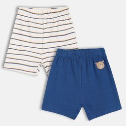 MINI KLUB Cotton Knit Pack Of 2 Striped & Teddy Bear Patch Detailed Shorts - Blue & White-picture-20