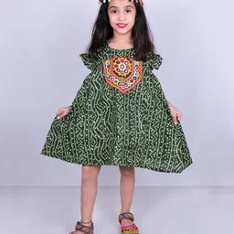 Aglare Navratri Theme Cotton Woven Half Sleeves Mirror Patch Detailed Bandhani Design Dress With Cap - Green-picture-2