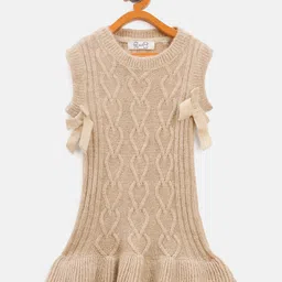 JWAAQ Cotton Knit Sleevesless Cable Knit Designed Bow Applique Detailed Drop Waist Dress - Oatmeal-picture-5