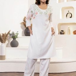 AUTUMN LANE Floral Embroidered Pure Cotton Straight Kurta With Trouser-image-35
