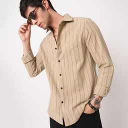 VASTRADO Men Burlap Tan Beige Pinstripe Shirt-image-46