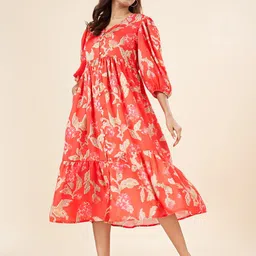 AKKRITI BY PANTALOONS Women Abstract Printed Puff Sleeves A-Line Midi Dress-picture-8