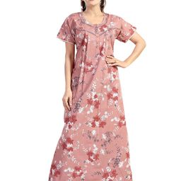NIGHT QUEEN Floral Printed Round Neck Maxi Pure Cotton Nightdress-image-17