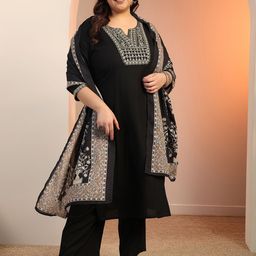 EXTRA LOVE BY LIBAS Plus Size Floral Yoke Design Thread Work Kurta With Trousers & Dupatta-31