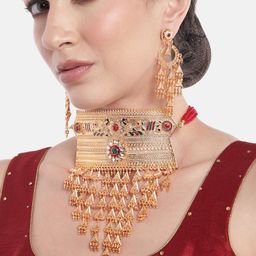 Peora Women Gold-Plated Beaded Layered Choker Necklace with Earrings-image-3