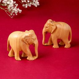 RDK Set Of 2 Beige Natural Sandalwood Elephant Down Trunk Showpiece-22
