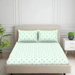SPACES Green & Blue Floral Printed 144 TC Cotton Queen Bedsheet with 2 Pillow Covers-image-71