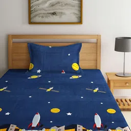 Arrabi Blue & Yellow Graphic Printed 300 TC Single Bedsheet with 1 Pillow Covers-44