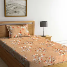 Arrabi Beige Floral 300 TC Single Bedsheet with 1 Pillow Covers-47