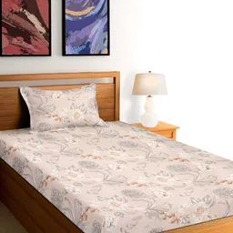 Arrabi Beige & Grey Floral 300 TC Single Bedsheet With 1 Pillow Cover-69