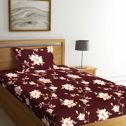 Arrabi Brown & Beige Floral 300 TC Single Bedsheet with 1 Pillow Covers-image-37