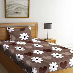 Arrabi Brown & White Floral 300 TC Single Bedsheet with 1 Pillow Covers-image-95