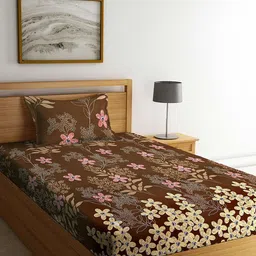 Arrabi Brown & Pink Floral 300 TC Single Bedsheet with 1 Pillow Covers-image-96