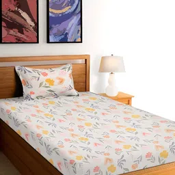 Arrabi Cream-Coloured & Yellow Floral 300 TC Single Bedsheet With 1 Pillow Cover-image-57