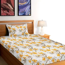 Arrabi White & Orange Floral 300 TC Single Bedsheet with Pillow Cover-image-51