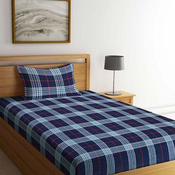 Arrabi Navy Blue & White Geometric 300 TC Single Bedsheet with 1 Pillow Covers-image-55