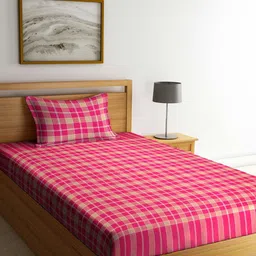 Arrabi Pink & Green Geometric 300 TC Single Bedsheet with 1 Pillow Covers-image-19