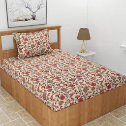 MORADO Red & Cream-Coloured Floral 210 TC Single Bedsheet With 1 Pillow Cover-21